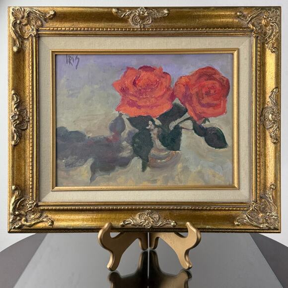VTG Oil Painting of Two Roses Framed in Ornate Gold Frame - Artist Signed “IRIS” - Picture 6 of 9